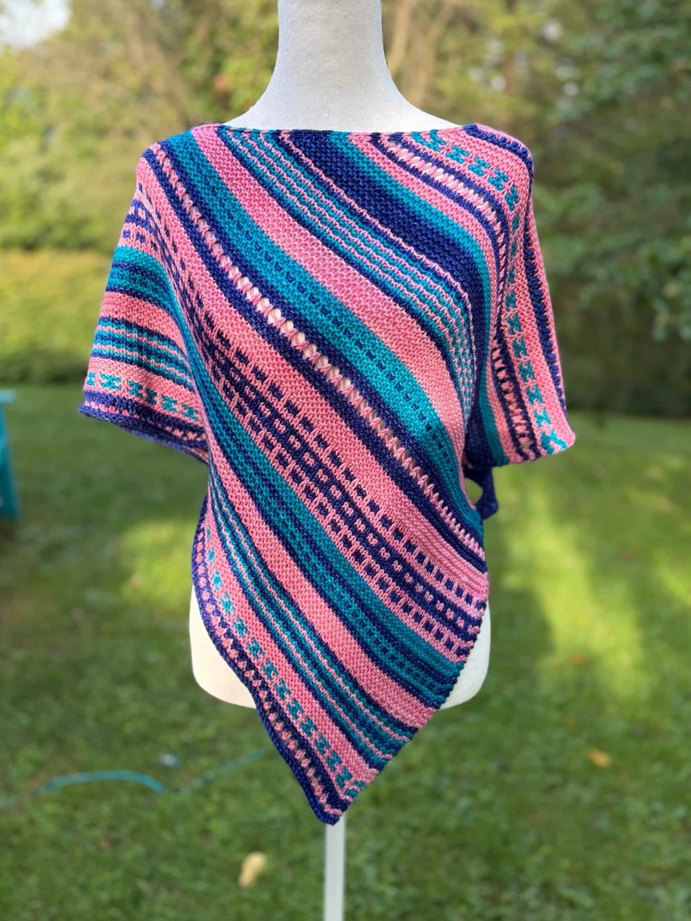 Gorgeous OOAK Hand Knit Cashmere & Merino Blue Pink Shawl Wrap Unique Shape